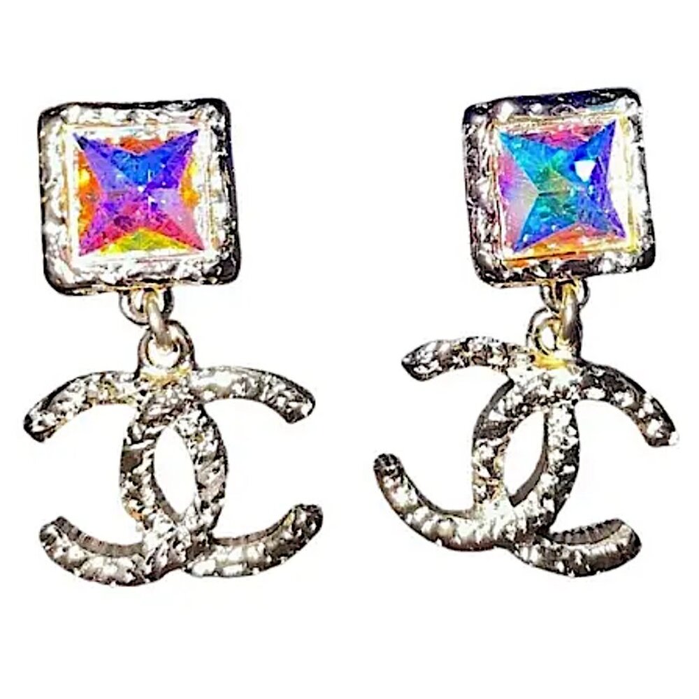 Chanel Iridescent Crystal Logo Earrings